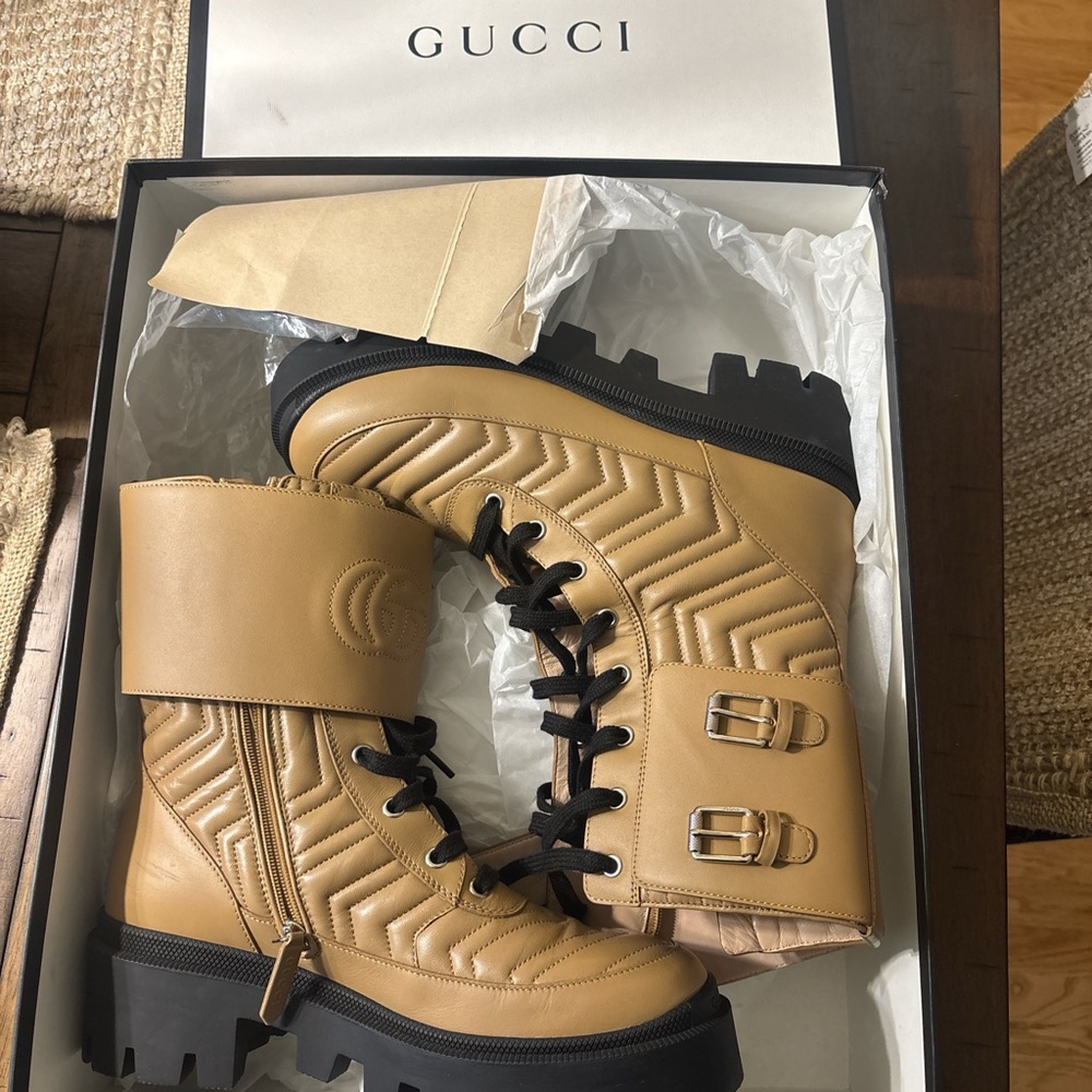 Gucci Beige Quilted Lace-Up Boots